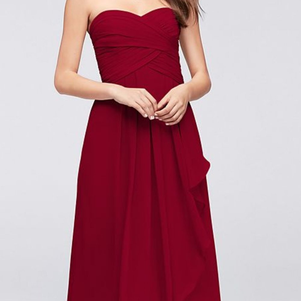 Davids Bridal Strapless Crinkle Chiffon Dress Apple Red (W10840) Size 10